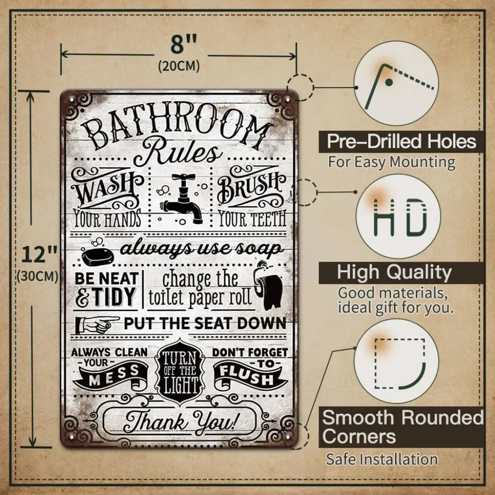 Vintage Bathroom Rules Wall Decor, 8x12 - Picture 2 of 3